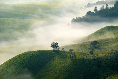 Scenic view of mountains during foggy weather