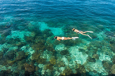 High angle view of women snorkeling in sea