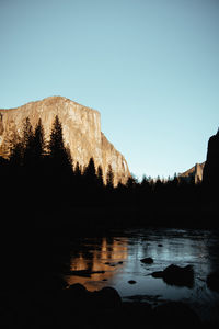 Scenic view of lake against clear blue sky