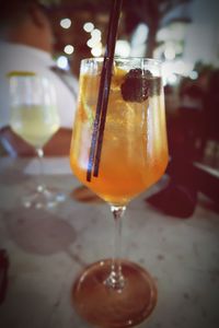 Close-up of beer glass on table