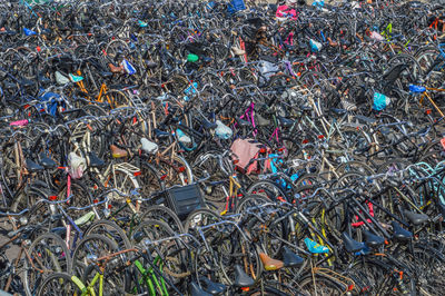 High angle view of bicycles at parking lot