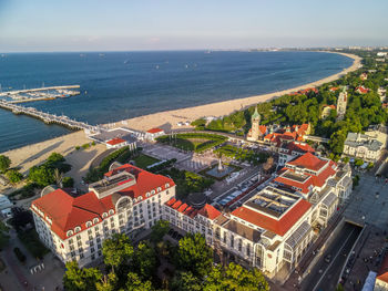 High angle view of buildings by sea against sky, aerial view of hotel in sopot, poland,