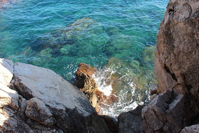 High angle view of rock formation in sea
