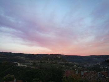 High angle view of town against sky during sunset