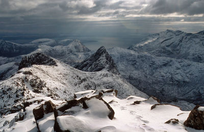 View of snowy jagged mountains from sgurr nan gillean skye