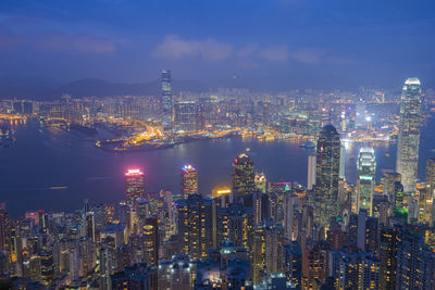 Aerial view of illuminated cityscape against sky at night