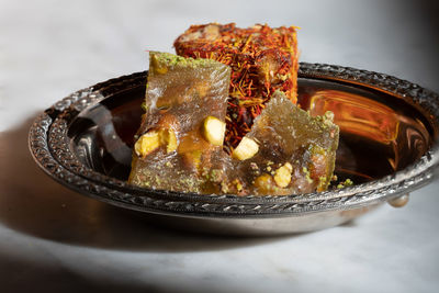 Close-up of dessert in plate on table