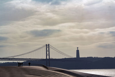 View of suspension bridge against cloudy sky