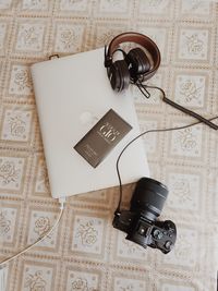 High angle view of camera on table