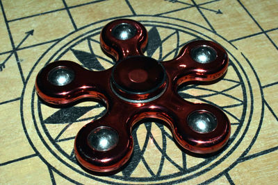 High angle view of multi colored table on tiled floor