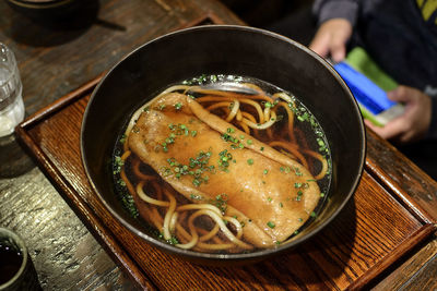 High angle view of food served at table