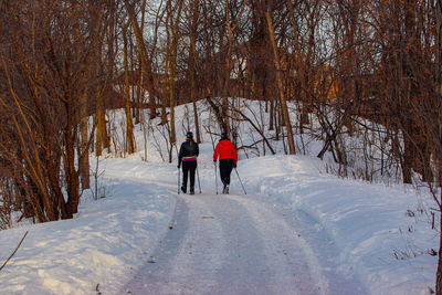 Rear view of people walking on snow covered land