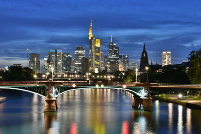 Bridge over river in city at night