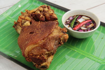 High angle view of food served on table