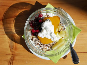 High angle view of breakfast served on table