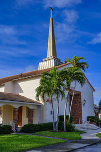 Palm trees by church steeple against sky