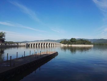 Bridge over river against blue sky