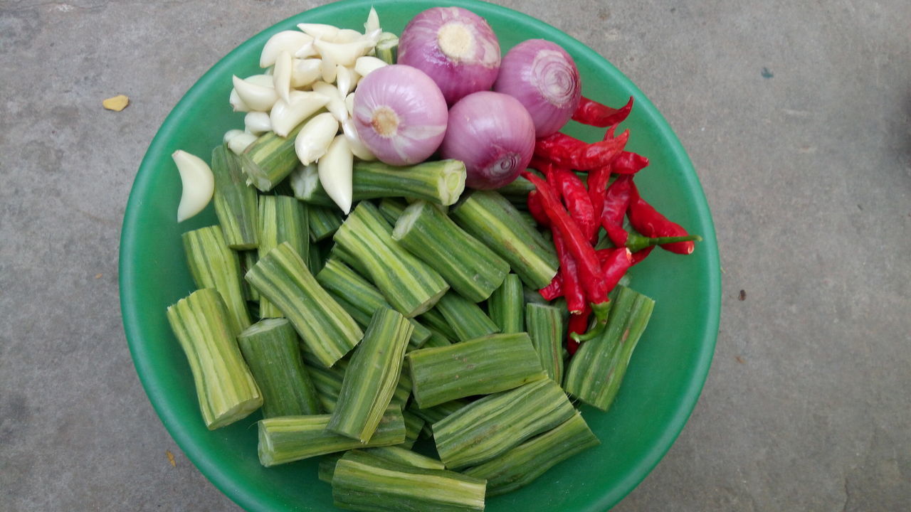 HIGH ANGLE VIEW OF FRESH VEGETABLES IN BOWL
