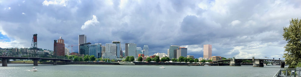 Panoramic view of modern buildings against sky in city