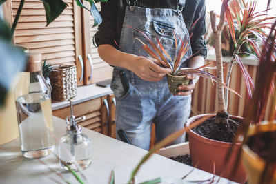 Happy young girl repotting home plants on the balcony, green environment in room, home gardening