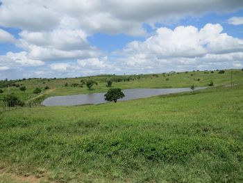 Scenic view of grassy field against cloudy sky