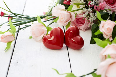 High angle view of roses on table