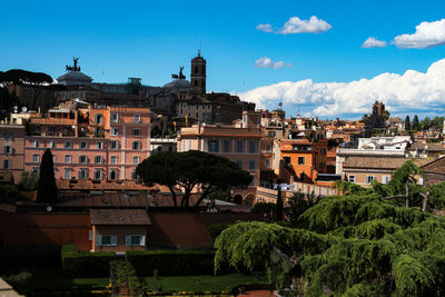 View of rome, panorama with roofs and trees, in the background the altar of the fatherland.