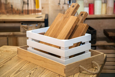 Close-up of wooden cutting board in box