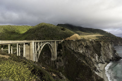 Bixby bridge over sea against cloudy sky