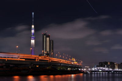 Illuminated city by river against sky at night