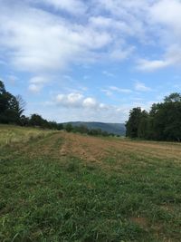 Scenic view of grassy field against cloudy sky