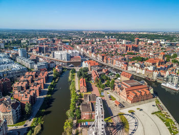 High angle view of townscape against sky, aerial view of the old town in gdansk, poland. 