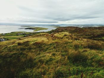 Scenic view of green landscape and sea