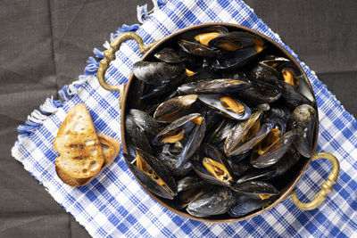 High angle view of shells in plate