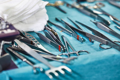 Close-up of surgiical equipment on table