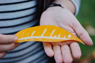 Midsection of person holding orange leaf outdoors