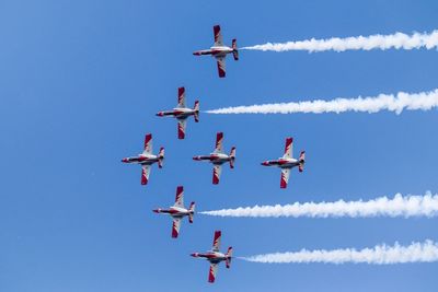 Low angle view of fighter planes flying clear blue sky