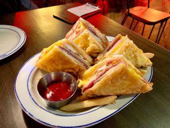 High angle view of breakfast served on table