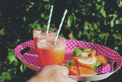 Cropped hand holding drinks against plants