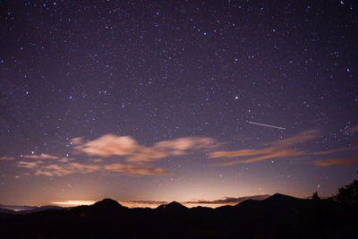 Scenic view of silhouette mountain against sky at night