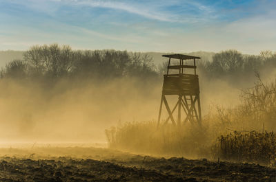 Hunting scene in a foggy morning