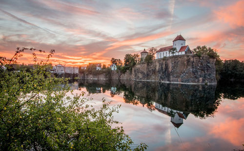 Reflection of trees in lake against sky during sunset
