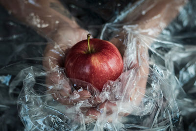 High angle view of red apple over plastic 