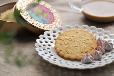 High angle view of dessert in plate on table