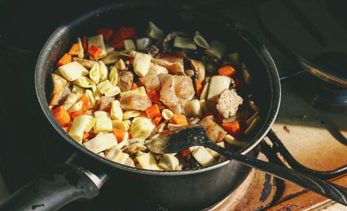 High angle view of chopped vegetables in pan