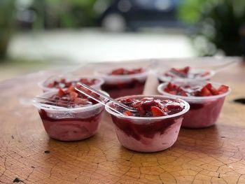 Close-up of desserts in bowl on table