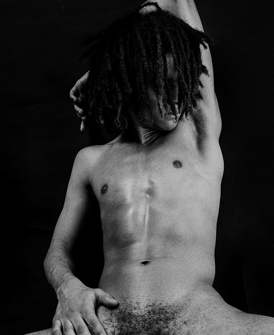 black and white, one person, black, monochrome photography, adult, monochrome, black background, studio shot, indoors, back, white, arm, muscular build, young adult, men, lifestyles, person, barechested, portrait, waist up, rear view, hairstyle, strength, close-up
