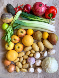 Healthy eating grocery shopping or delivery of fresh rich fruits and vegetables on craft paper. 