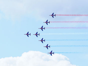 Low angle view of airshow military aircraft french flag
