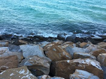 High angle view of rocks on beach